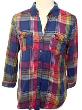 Abercrombie Fitch Pink Blue Plaid Button Down Shirt Moose Logo Y2K Large